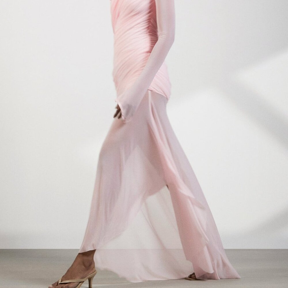 Deme by Gabriella Isla Dress in Baby Pink draped long sleeve sheer gown maxi - Picture 3 of 9